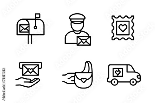 Love Note Icons. Outline icon set of love note delivery: mailbox, postman, stamp, parcel, letterbox slot, hand passing letter, mailbag, courier van. Line icons