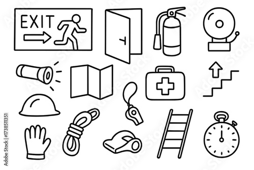 Emergency Escape Doodle. Hand-drawn doodle illustration emergency escape exit sign, door, running person, fire extinguisher, alarm bell, flashlight, map, first
