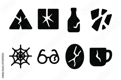 Broken Glass Icons. Solid, filled icon set of broken glass: shattered glass, cracked window, broken bottle, glass shards, spiderweb crack, cracked eyeglasses,