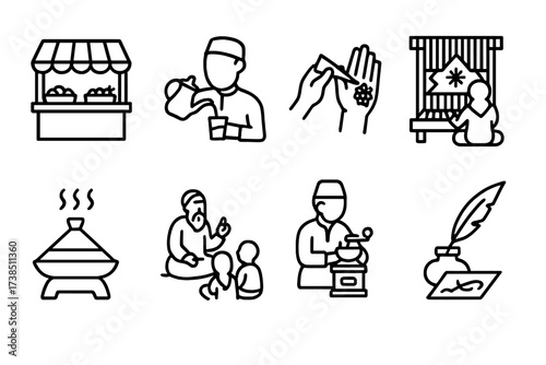 Tunisian Daily Life Icons. Outline icon set of Tunisian daily life: Market stalls, Tea pouring, Henna application, Carpet weaving, Cooking tagine,