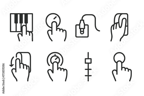 Synthesizer Icon Set. Outline icon set of synthesizer playing techniques: finger pressing keys, knob turning, patch cable connecting, modulation wheel moving,
