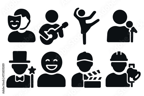 Performance Roles Icons. Solid, filled icon set of performance roles: actor, musician, dancer, singer, magician, comedian, director, stagehand. Solid, filled