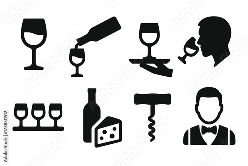 Wine Serving Icons. Solid, filled icon set of wine serving: wine glass, pouring wine, wine tray, wine tasting, wine flight, wine and cheese, wine bottle