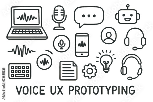 Voice UX Elements. Hand-drawn doodle illustration voice UX prototyping laptop, microphone, speech bubble, chatbot, user profile, headphones, waveform, voice