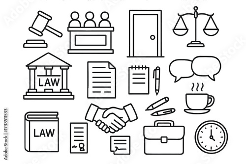 Courtroom Doodle Icons. Hand-drawn doodle illustration courtroom decision judge?s gavel, jury box, closed door, scales of justice, courthouse, legal papers,