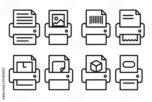 Printer Output Icons. Outline icon set of printer outputs: text document, photo print, barcode print, receipt print, blueprint, sticker, 3D print model, label