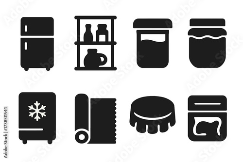 Syrup Storage Icons. Solid, filled icon set of syrup storage and preservation: refrigerator, pantry shelf, airtight container, sealed jar, freezer, plastic