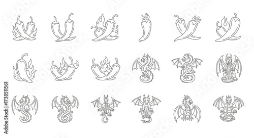 Collection of linear icons representing chili peppers and dragon illustrations with a minimalist