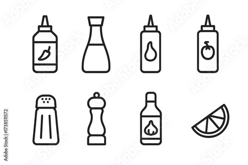 Street Food Condiments Icons. Outline icon set of street food spices and condiments: chili sauce, soy sauce, mustard, ketchup, salt shaker, pepper grinder,