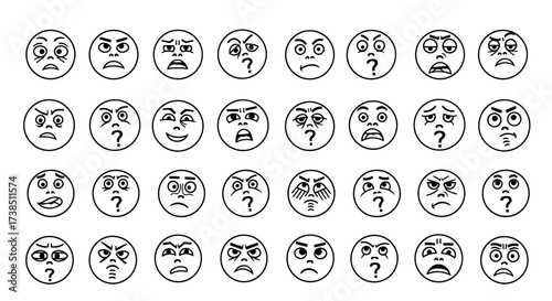 Collection of Emoticons or Emoji depicting various Emotions and Feelings in Black and White Line Art