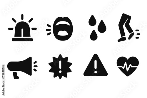 Crisis Panic Icons Set. Solid, filled icon set of crisis panic: emergency siren, shouting mouth, sweat drops, frantic legs, loudspeaker, flashing exclamation,