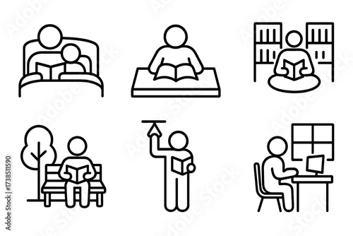 Reading Icon Set. Outline icon set of reading scenarios: bedtime reading, study session, library visit, park reading, commuting, coffee shop, classroom, home