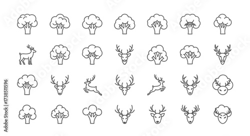 Minimalist line art pattern of broccoli and deer heads ideal for festive design and seasonal