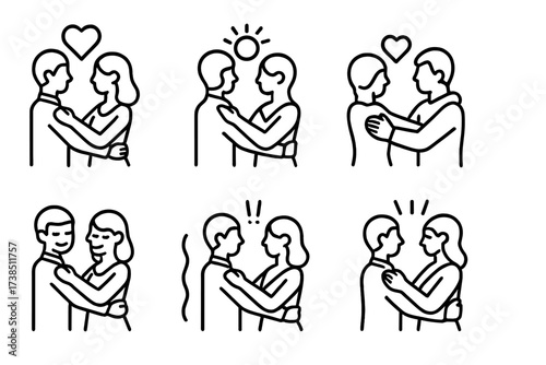 Slow Dance Emotions Icons. Outline icon set of slow dance emotions: love, joy, tenderness, connection, calm, excitement, serenity, affection. Line icons in