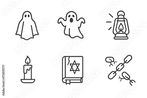 Spooky Apparition Icons. Outline icon set of spooky apparitions: phantom figure, wailing ghost, floating candle, old lantern, cobweb, cracked mirror, ancient