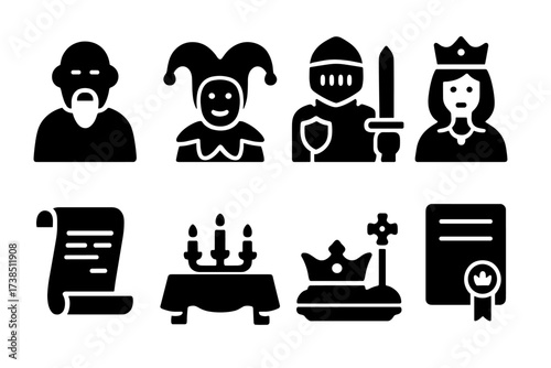King's Court Icons. Solid, filled icon set of king?s court: advisor, jester, knight, queen, scroll, banquet table, crown jewels, royal seal. Solid, filled