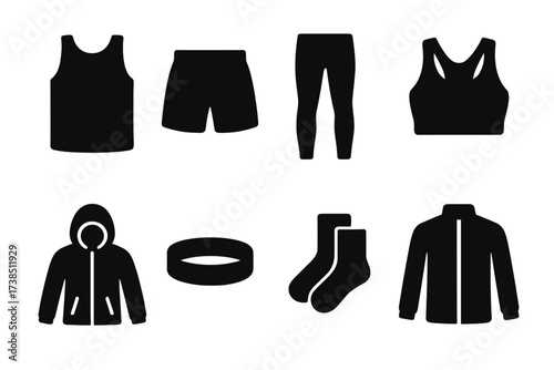 Runner Clothing Icons. Solid, filled icon set of runner clothing: tank top, running shorts, compression leggings, sports bra, windbreaker, sweatband, running