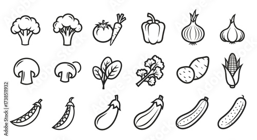 Minimalist vegetable icon set featuring various vegetables in black and white outline style for