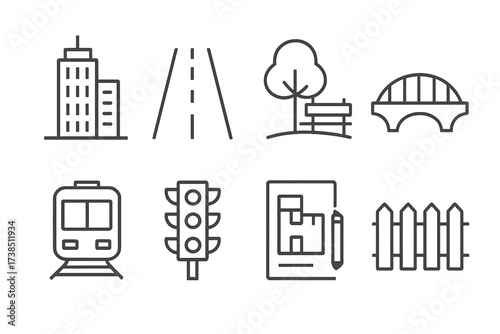 Urban Icons Collection. Outline icon set of urban territory: skyscraper, road, park, bridge, train, traffic light, building blueprint, fence. Line icons in