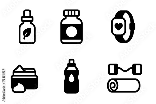 Wellness Icons Grid. Solid, filled icon set of wellness products: essential oil, vitamin bottle, protein shake, fitness tracker, skincare cream, water bottle,