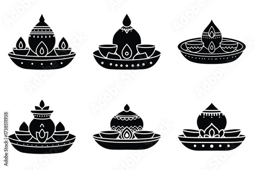 Puja thali icon set, black isolated silhouette fill vector icons