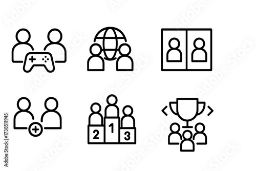 Multiplayer Gaming Icons. Outline icon set of multiplayer gaming: co-op play, online multiplayer, split screen, voice chat, party invite,