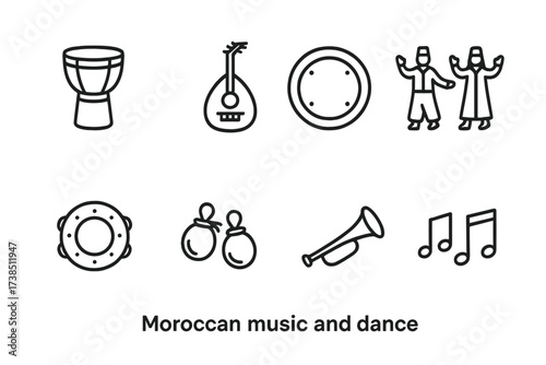 Moroccan Music Icon Set. Outline icon set of Moroccan music and dance: Gnawa drum, Oud instrument, Bendir drum, Traditional dancers, Tambourine, Castanets,