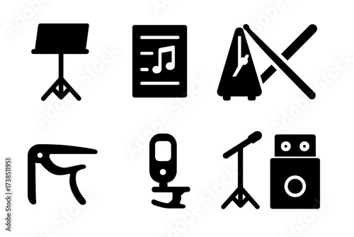 Jam Session Icons. Solid, filled icon set of jam session accessories: music stand, sheet music, metronome, drumsticks, capo, tuner, microphone stand, effects