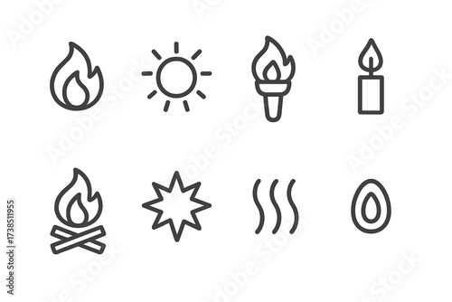 Fire Energy Icons. Outline icon set of fire energy and power: flame icon, burning sun, torch, candle, bonfire, explosive burst, heat symbol, glowing ember.