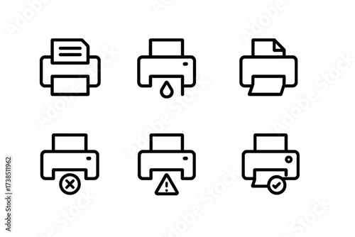 Printer Status Icons. Outline icon set of printer statuses: printing, low ink, paper jam, out of paper, offline, error alert, maintenance required, ready to