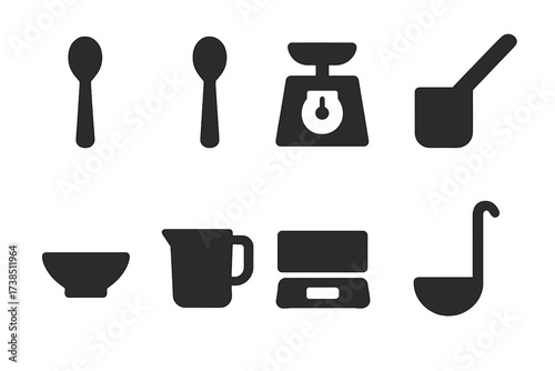 Black Line Seasoning Icons. Solid, filled icon set of seasoning measuring tools: teaspoon, tablespoon, scale, scoop, pinch bowl, measuring cup, digital scale,