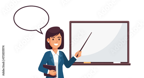 Cartoon Teacher Explaining Lesson on Whiteboard with Speech Bubble Illustration