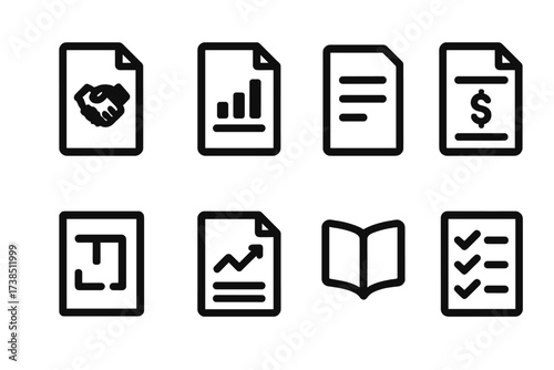 Icon Grid Design. Solid, filled icon set of project documentation: contract, report, memo, invoice, blueprint, proposal, manual, checklist. [Line icons in only