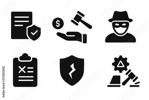 Compliance Risk Icons. Solid, filled icon set of compliance risks: breach, penalty, fraud, data leak, non-compliance, reputation damage, legal