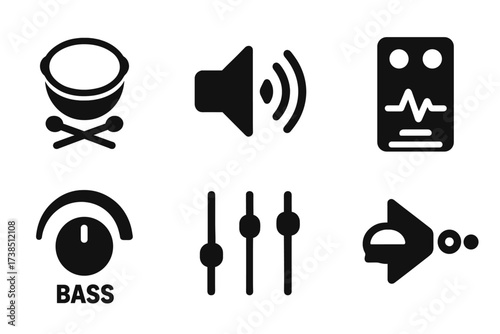 Hand Drum Sound Icons. Solid, filled icon set of hand drum sound and effects: sound wave, volume control, reverb, echo, equalizer, bass boost, audio mixer,