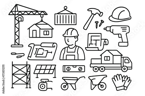 Modular Home Construction Doodles. Hand-drawn doodle illustration Modular home construction crane, shipping container, hammer, nails, blueprint, power drill,