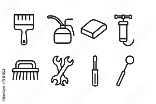 Pontoon Tools Icons. Outline icon set of pontoon maintenance tools: paintbrush, oil can, sanding block, grease gun, cleaning brush, wrench set, screwdriver,