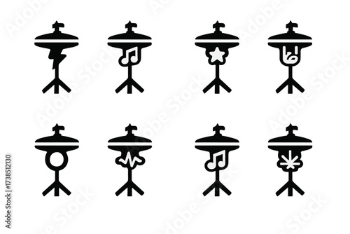 Music Genre Icons. Solid, filled icon set of hi-hat music genres: rock, jazz, funk, metal, pop, electronic, blues, reggae. Solid, filled icons in only black