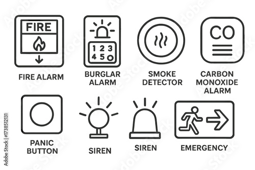 Alarm Device Icons. Outline icon set of alarm devices: fire alarm, burglar alarm, smoke detector, carbon monoxide alarm, panic button, siren, emergency