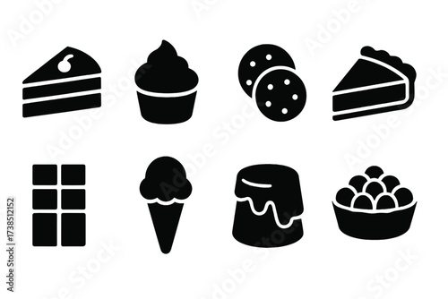 Buffet Desserts Icons. Solid, filled icon set of buffet desserts: cake slice, cupcake, cookies, pie slice, chocolate bar, ice cream, pudding cup, fruit tart.