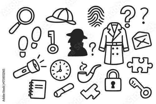 Detective Mystery Doodles. Hand-drawn doodle illustration detective mystery magnifying glass, detective hat, trench coat, fingerprint, question mark,