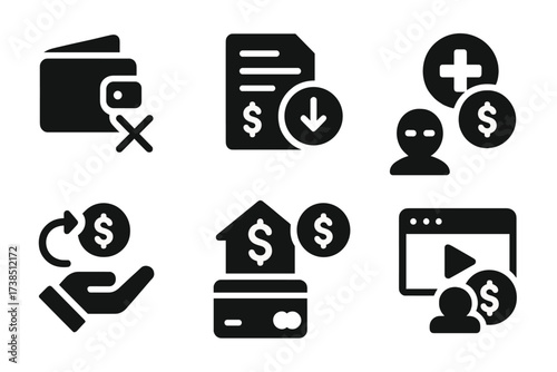 Zero Balance Icons. Solid, filled icon set of zero balance causes: overspending, fees, unexpected expenses, loan repayment, income delay, fraud, subscription