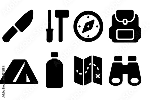Wild Survival Tools Icons. Solid, filled icon set of wild survival tools: knife, fire starter, compass, backpack, tent, water bottle, map, binoculars. [Line