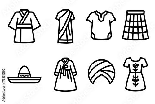 Traditional Clothing Icons. Outline icon set of traditional clothing: kimono, sari, dashiki, kilt, sombrero, hanbok, turban, embroidered dress. Line icons in