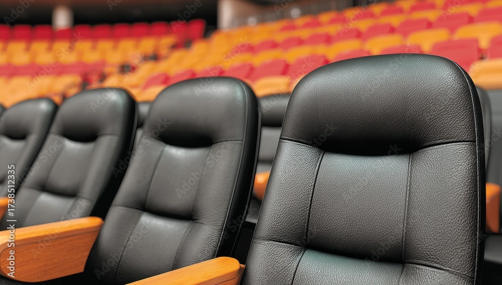 Obraz premium Rows of empty black leather seats in an auditorium await an audience