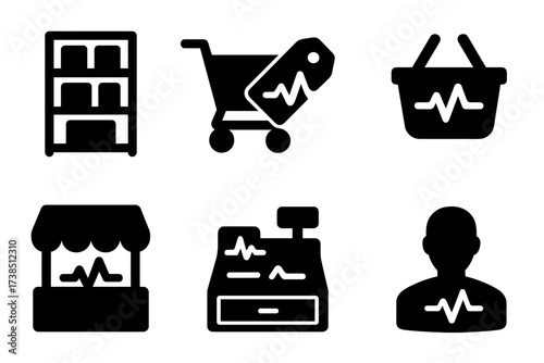 Pulse Market Icons. Solid, filled icon set of pulse market: store shelf, shopping cart, price tag, basket, vendor stall, weighing scale, cash register,