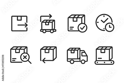 Package Status Icons. Outline icon set of package status: shipped, in transit, delivered, delayed, lost, returned, out for delivery, processing. Line icons in