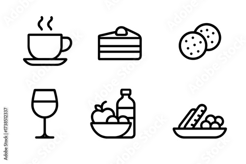 Book Club Treats. Outline icon set of book club refreshments: coffee cup, tea cup, cake slice, cookies, wine glass, fruit bowl, water bottle, snack plate. Line