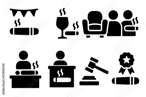 Cigar Culture Icons. Solid, filled icon set of cigar events and culture: cigar festival, tasting event, cigar club, lounge, cigar party, trade show, auction,