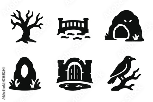 Eerie Landmarks Icons. Solid, filled icon set of eerie landmarks: twisted tree, fog bridge, hollow log, haunted cave, glowing stone, ancient gate, frozen pond,